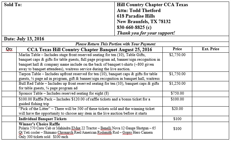 2016 Hill Country Annual BQT Ticket sheet